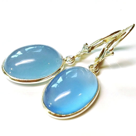 925 Sterling silver natural aqua blue chalcedony earrings