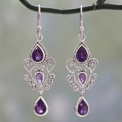 Amethyst Birthstone Dangle Earrings in Sterling Silver, 'Enchanted Princess