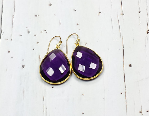 Amethyst Earrings, Amethyst Bezel Earrings, Large Purple Earrings, Purple Gemstone Earrings, 24K Gold Plated Sterling Silver, Dangle Clip on
