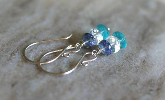 Apatite earrings, Iolite earrings, moonstone earrings, holiday gift for her, silver ear wires, apatite jewelry, multi gemstone earrings