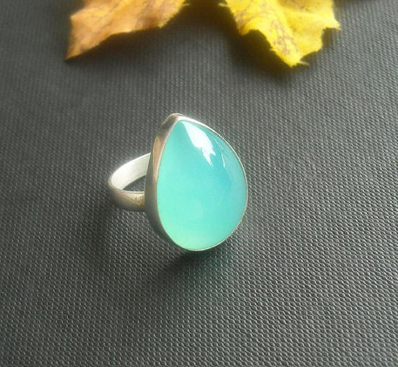 Aqua chalcedony ring - Drop ring - Aqua ring - Gemstone ring - Bezel ring - Size 5 & more - Gift for her