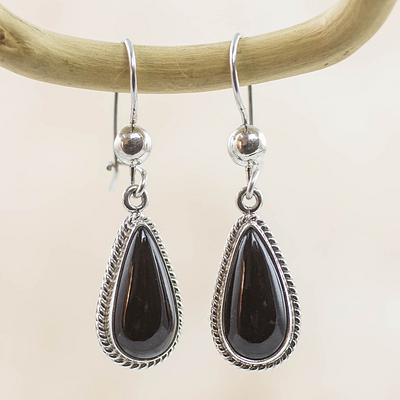 Artisan Crafted Sterling Silver Black Jade Dangle Earrings, 'Black Tea