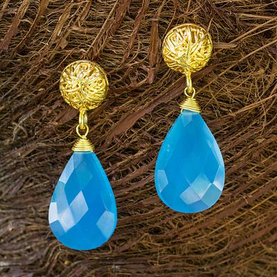 Artisan Jewelry Gold Vermeil Chalcedony Handcrafted Earrings, 'Blue Serenade'