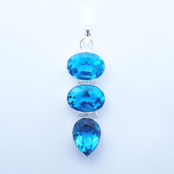 Awesome Blue Quartz 12.6 Gms Silver Pendant- Attractive Pendant-Oval Pear Shape Jewelry-Lovely Gift -Cut Quartz Handmade Pendant