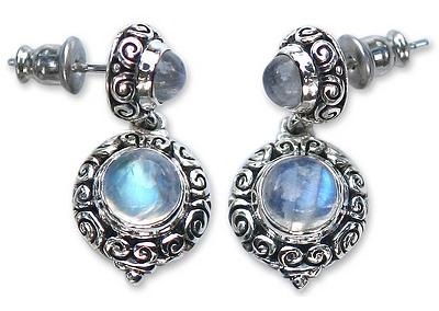 Balinese Style Rainbow Moonstone Dangle Earrings, 'Infinite Sky