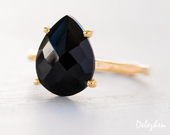 Black Onyx Ring - Gemstone Ring - Stacking Ring - Gold Ring - Tear Drop Ring - Prong Set Ring
