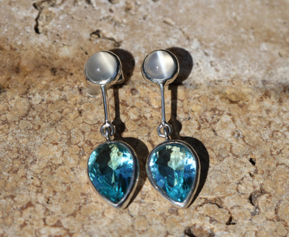 Blue Quartz and White Moonstone Earrings Bezel Set in Sterling Silver, Post Stud Gemstone Earrings