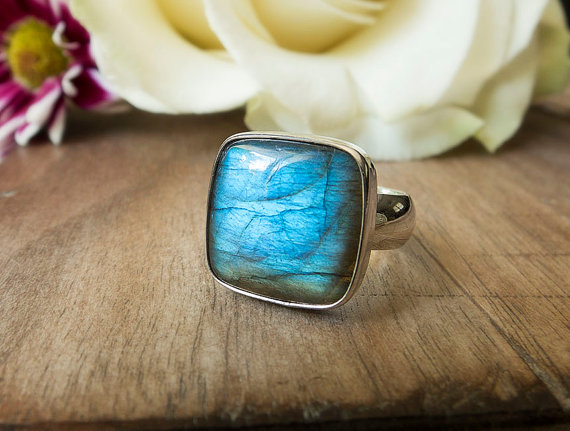 Blue Stone Ring, Green Stone, Labradorite Gemstone Ring, Sterling Silver Square Stone Ring, Everyday Wide Band Ring, Gemstone Ring, Cushion