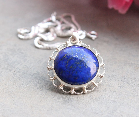 -Blue pendant - Lapis lazuli pendant Lapis pendant - artisan - Bezel pendant - Round pendant - Gemstone pendant