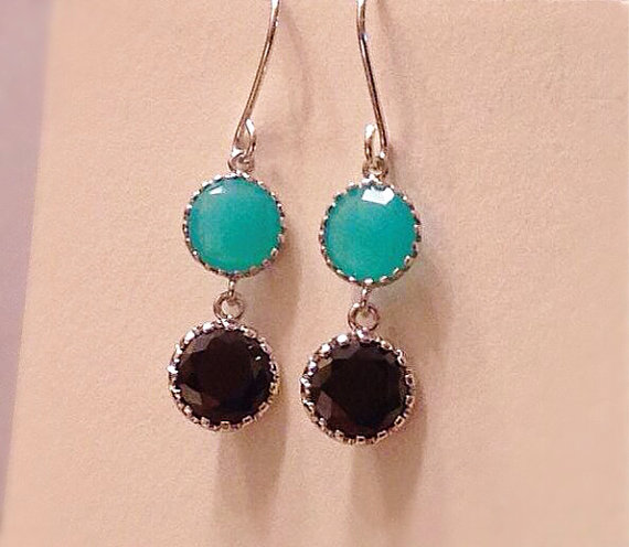 Bridal Aqua & Black Dangle Earring Black Onyx Aqua Chalcedony Earrings Mint Black Earrings Aqua-Blue Black Party Prom Earrings