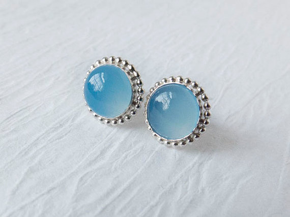 Chalcedony Stud Earrings, Blue Sterling Silver Stud Earrings, Polished Silver, Blue Chalcedony Gemstone Stud Earrings, Everyday Earrings