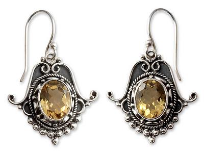 Citrine Earrings in Sterling Silver Jewelry from India, 'Jaipuri Glam'
