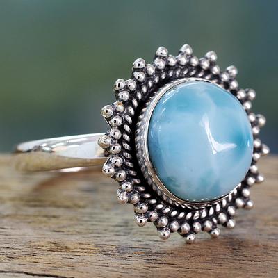Classic Larimar Cocktail Ring in Sterling Silver Bezel, 'Sea and Sky'