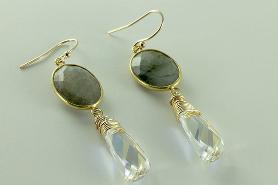 Crystal & Labradorite Earrings, Bezel Earrings, Gemstone Earrings, Crystal Earrings, Wire Wrapped Crystal and Gemstones Earrings