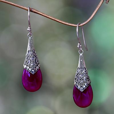 Deep Pink Chalcedony and Silver Dangle Earrings from Bali, 'Puncak Jaya in 