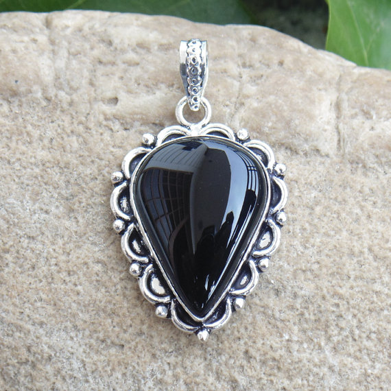 Designer Black Onyx Pendant - Handcrafted Sterling Silver Pendant - Indian Fashion Pendant - Pear Cabochon Pendant - Bezel Setting