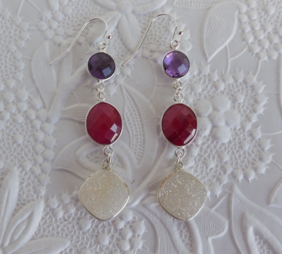 Druzy,Ruby,Amethyst Gemstone Earrings, Silver Plated Ear Wire Earrings