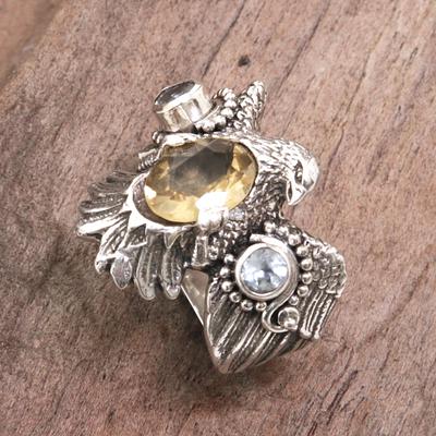 Eagle Theme Ring with Citrine and Blue Topaz