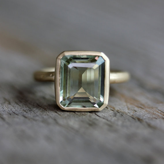 Emerald Cut Green Amethyst Ring, Prasiolite Ring in Recycled 14k Yellow Gold