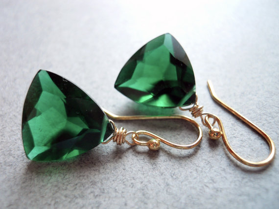 Emerald Trillion, Trillionaire Earrings, Emerald Green Quartz, Leverback Earrings, Geometric Earrings, Gemstone Earrings