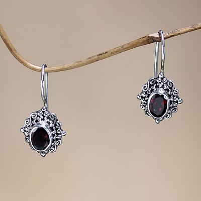 Fair Trade Garnet and Sterling Silver Drop Earrings, 'Balinese Elegance'
