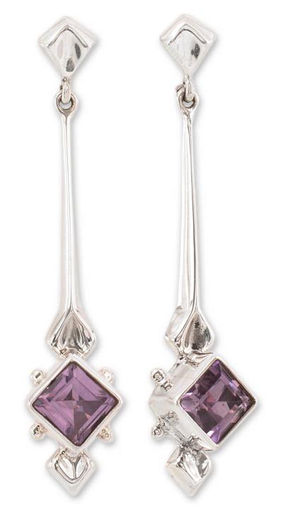 Fair Trade Modern Sterling Silver Amethyst Earrings, 'Taxco Romance'