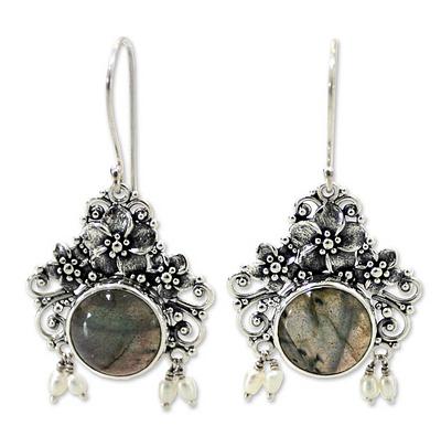 Floral Labradorite Sterling Silver Dangle Earrings, 'Royal Heritage'