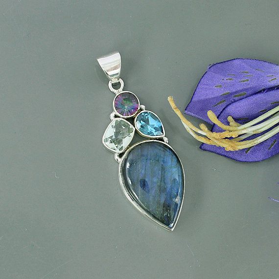 Genuine Labradorite, Midnight Rainbow Quartz & Blue Topaz Multi Gemstone 925 Sterling Silver Artisan Handmade Pendant, Unique Gift Jewelry