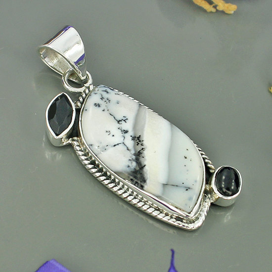 Genuine Milky Dendritic Opal, Crystal & Blue Topaz Gemstone Pendant - Sterling Silver Multi Stone Pendant - Artisan Handmade Pendant Jewelry