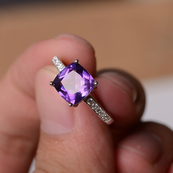 Genuine Natural Amethyst Ring Purple Quartz Crystal Gemstone Jewelry Cushion Cut Sterling Silver Ring