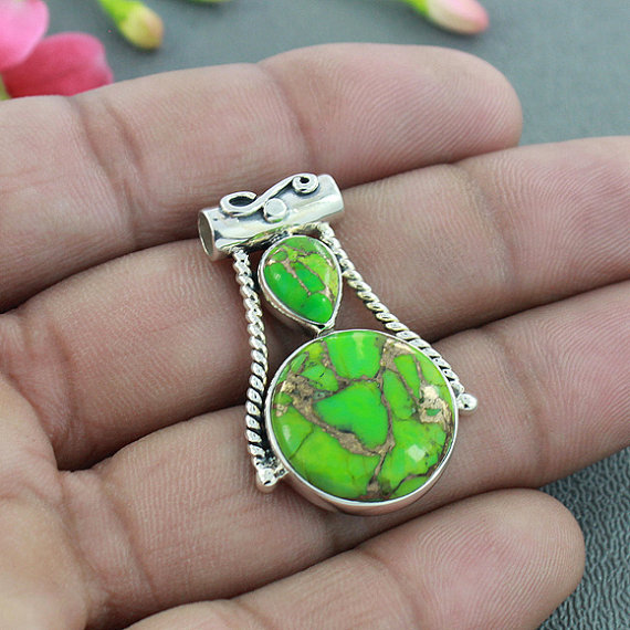 Green Copper Turquoise Pendant, Solid 925 Sterling Silver Jewelry, Bezel Set Pendant, Designer Pendant