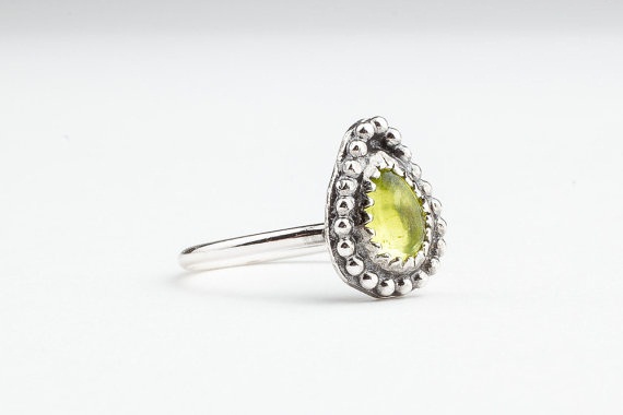 Green Peridot Gemstone ring in Sterling Silver Lime green teardrop ring with a beaded border - Midi ring Knuckle ring