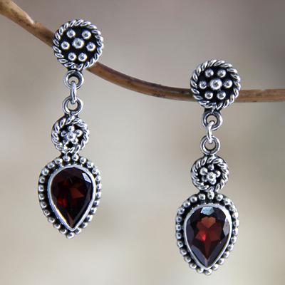 Hand Made Sterling Silver and Garnet Dangle Earrings, 'Balinese Jackfruit'