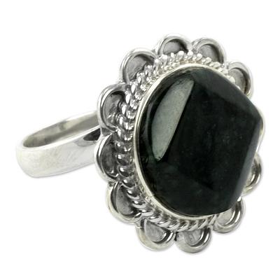 Handcrafted Dark Green Jade and Silver Cocktail Ring, 'Dark Moon Aura'
