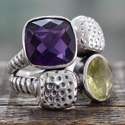 Handmade Amethyst and Lemon Quartz Sterling Silver Ring