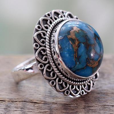 Indian Sterling Silver Ring with Blue Composite Turquoise, 'Golden Blue Mirage'