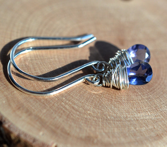 Iolite Earrings, Sterling Earrings, Blue Gemstone Earrings, Petite Earrings, September Birthday, Wire Wrapped Earrings, Indigo Earrings