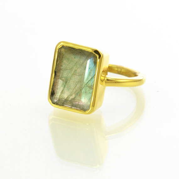 Labradorite Ring - Gold Gemstone Ring - Emerald Cut Ring - Bezel Set Ring - Statement Ring - Stacking Ring