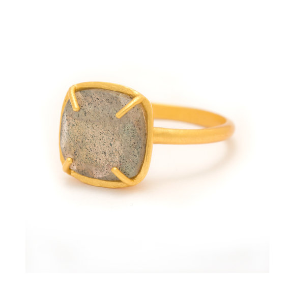 Labradorite in Yellow Gold Gemstone Ring - Rose Gold Ring - Square Cushion Cut - Gemstone Ring
