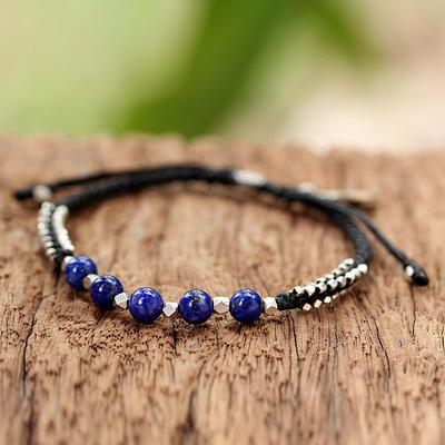 Lapis Lazuli and Sterling Silver Beaded Bracelet with Leaf