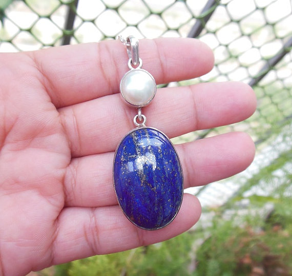 Lapis pearl pendant- Lapis lazuli pendant - Lapis pendant - Bezel pendant - Oval pendant - Gemstone pendant