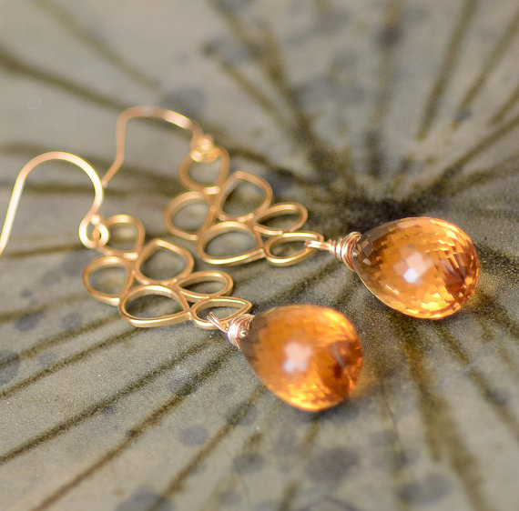 Large Citrine Briolette Gold Earrings. Sunlit Citrine Gemstone Earrings. NOVEMBER Birthstone. Citrine Teardrops Earrings. Luxury Jewelry.