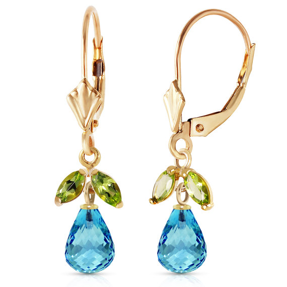 Leverback Earrings with Blue Topaz & Peridots Fine Jewelry Gemstone Earrings Birthstones Yellow Gold, White Gold, Rose Gold