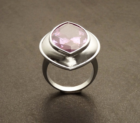Marquise Gemstone Ring - Sterling Silver Ring - Purple Zirconia - Modern Ring - Almond Shape - Pink Amethyst - Rose de France - Statement