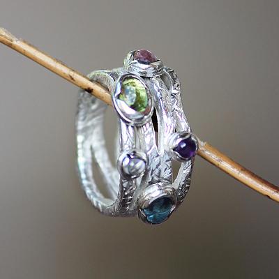 Modern Sterling Silver and Multigem Ring