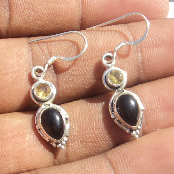 Natural Citrin Black onyx Gemstone Earrings Birthstone Earrings Bezel Set Handmade Earrings Designer Earrings