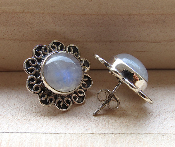 Natural Moonstone Stud Earrings, Oxidized Sterling Silver Stud Earrings, Gemstone Earrings, White Studs - Bridesmaid Gifts