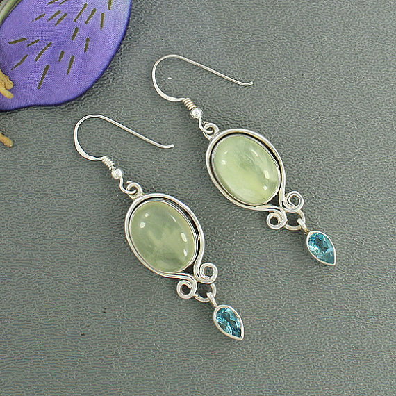 Natural Prehnite, Blue Topaz Gemstone Earrings, Solid Sterling Silver Earrings, Women's Gift Earrings Jewelry