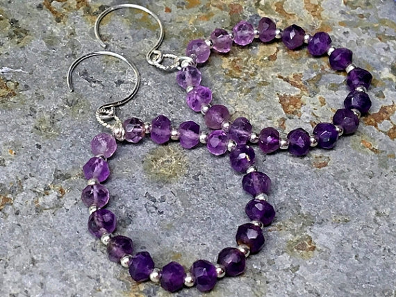 Natural amethyst 925 sterling silver earrings. genuine gemstone earring, beaded hoop earring, womens earring, delicate feminine earring