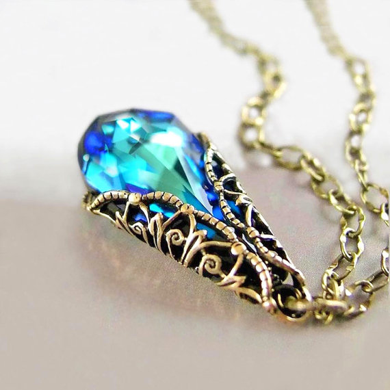 Ocean Blue Necklace Blue Crystal Necklace Aqua Blue Pendant Necklace Antique Gold Brass Chain Victorian Jewelry Blue Teardrop